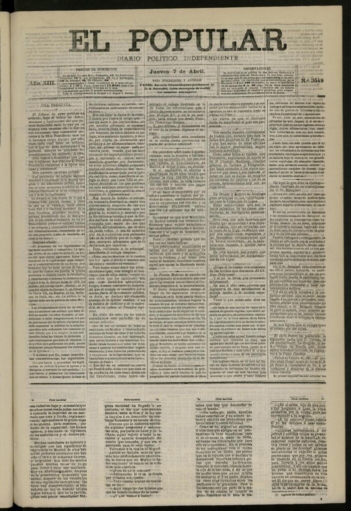 Miniatura de El Popular: diario independiente, político, literario y de noticias de interés general del 7 de abril de 1881, nº 3549