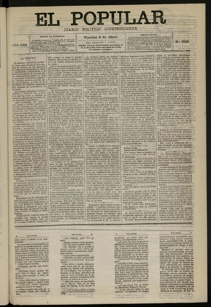 Miniatura de El Popular: diario independiente, político, literario y de noticias de interés general del 8 de abril de 1881, nº 3550