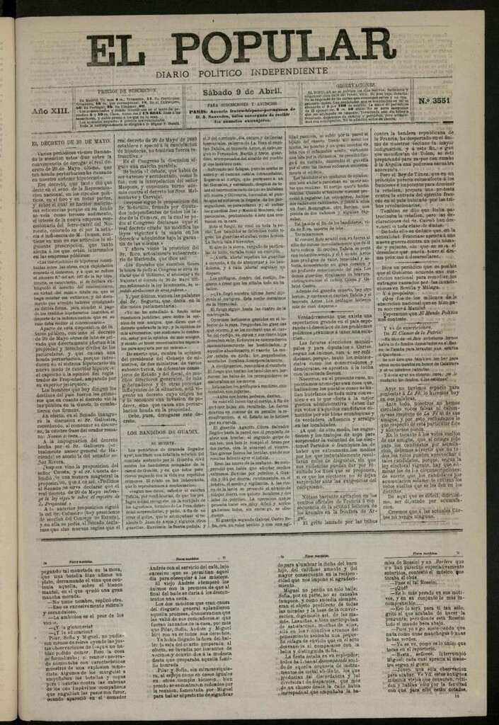 Miniatura de El Popular: diario independiente, político, literario y de noticias de interés general del 9 de abril de 1881, nº 3551