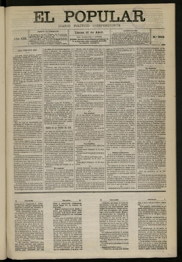 Miniatura de El Popular: diario independiente, político, literario y de noticias de interés general del 11 de abril de 1881, nº 3552