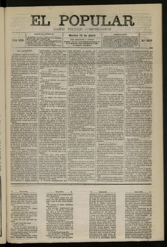 Miniatura de El Popular: diario independiente, político, literario y de noticias de interés general del 12 de abril de 1881, nº 3553