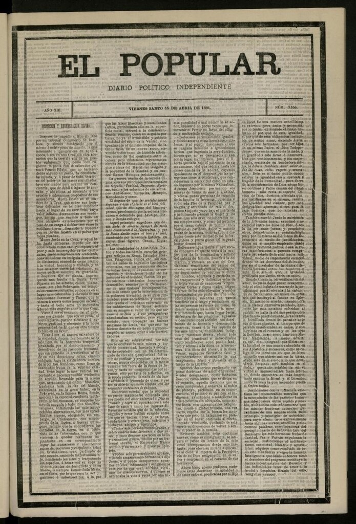 Miniatura de El Popular: diario independiente, político, literario y de noticias de interés general del 15 de abril de 1881, nº 3555