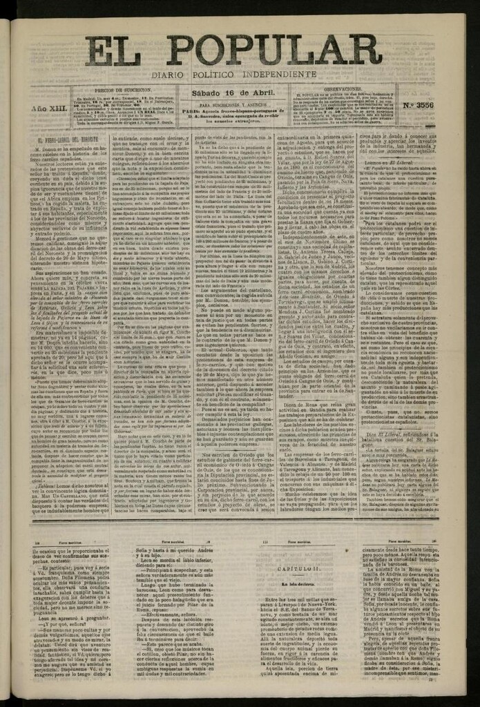 Miniatura de El Popular: diario independiente, político, literario y de noticias de interés general del 16 de abril de 1881, nº 3556