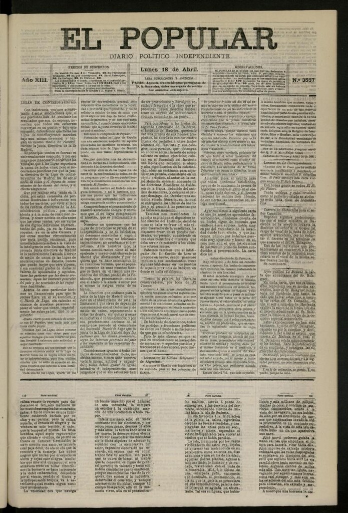 Miniatura de El Popular: diario independiente, político, literario y de noticias de interés general del 18 de abril de 1881, nº 3557
