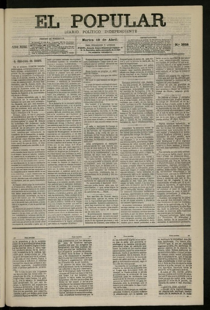 Miniatura de El Popular: diario independiente, político, literario y de noticias de interés general del 19 de abril de 1881, nº 3558