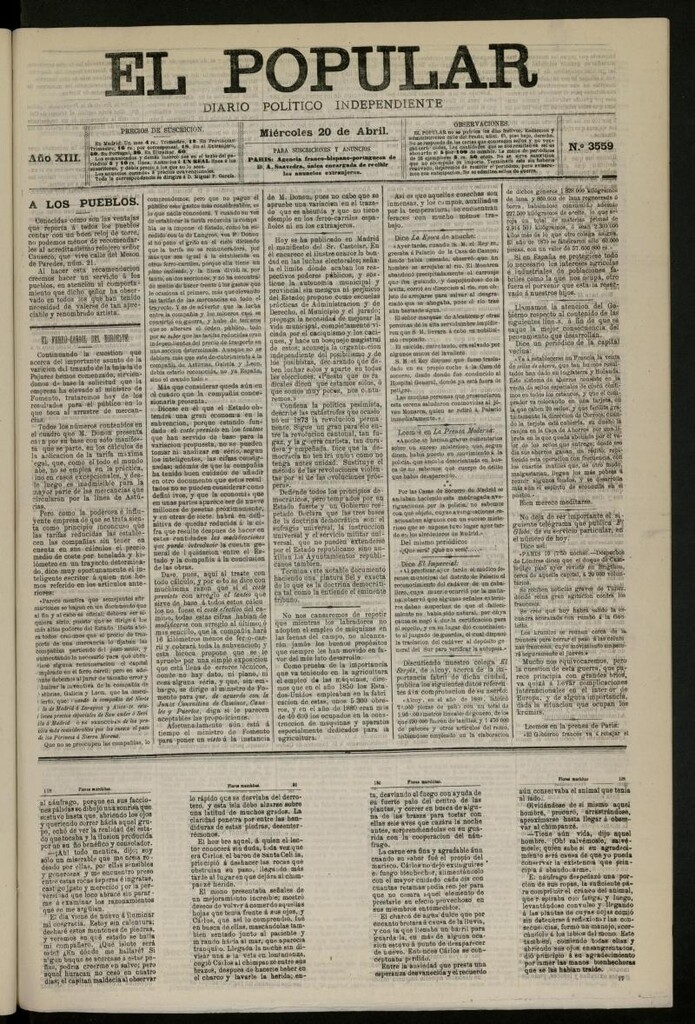 Miniatura de El Popular: diario independiente, político, literario y de noticias de interés general del 20 de abril de 1881, nº 3559