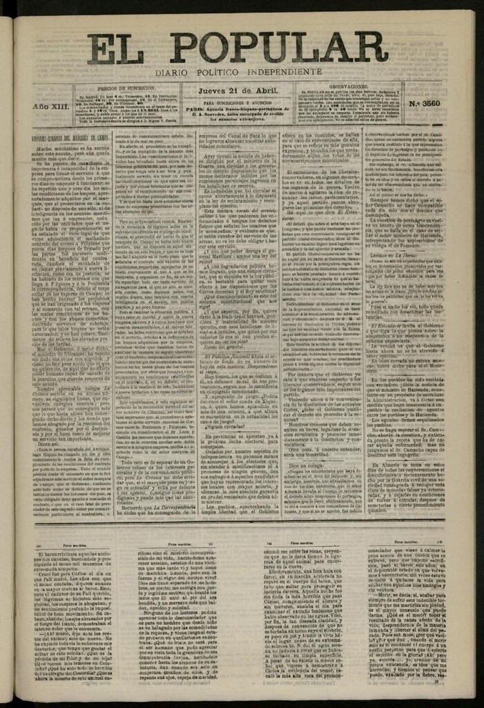 Miniatura de El Popular: diario independiente, político, literario y de noticias de interés general del 21 de abril de 1881, nº 3560