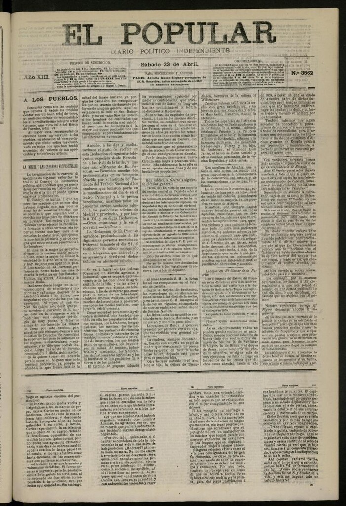 Miniatura de El Popular: diario independiente, político, literario y de noticias de interés general del 23 de abril de 1881, nº 3562