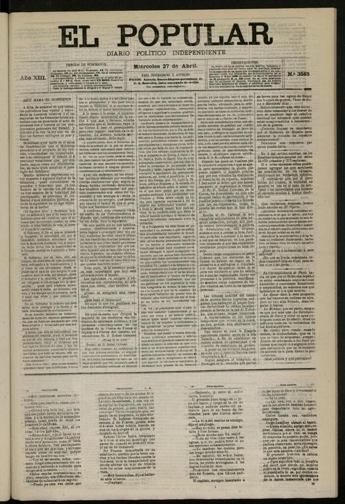Miniatura de El Popular: diario independiente, político, literario y de noticias de interés general del 27 de abril de 1881, nº 3565