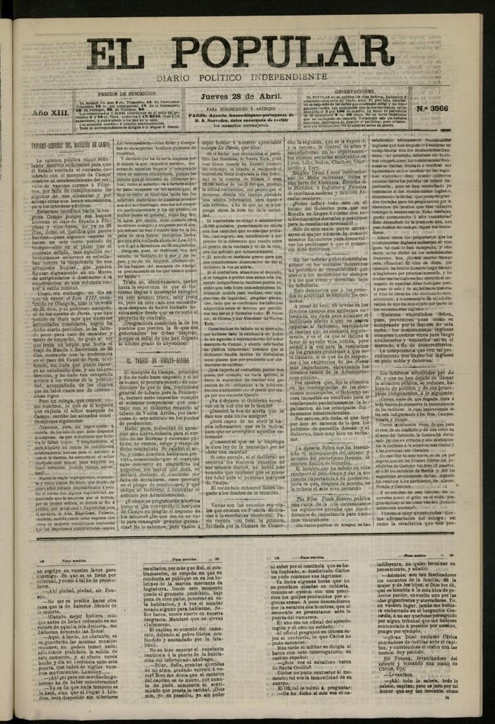 Miniatura de El Popular: diario independiente, político, literario y de noticias de interés general del 28 de abril de 1881, nº 3566