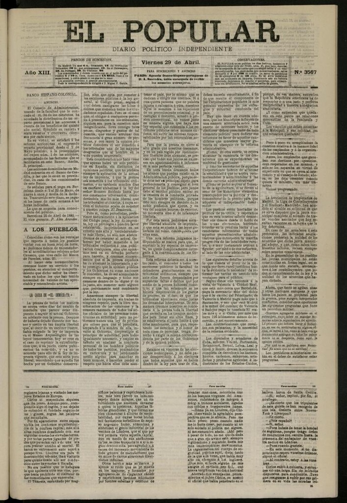 Miniatura de El Popular: diario independiente, político, literario y de noticias de interés general del 29 de abril de 1881, nº 3567