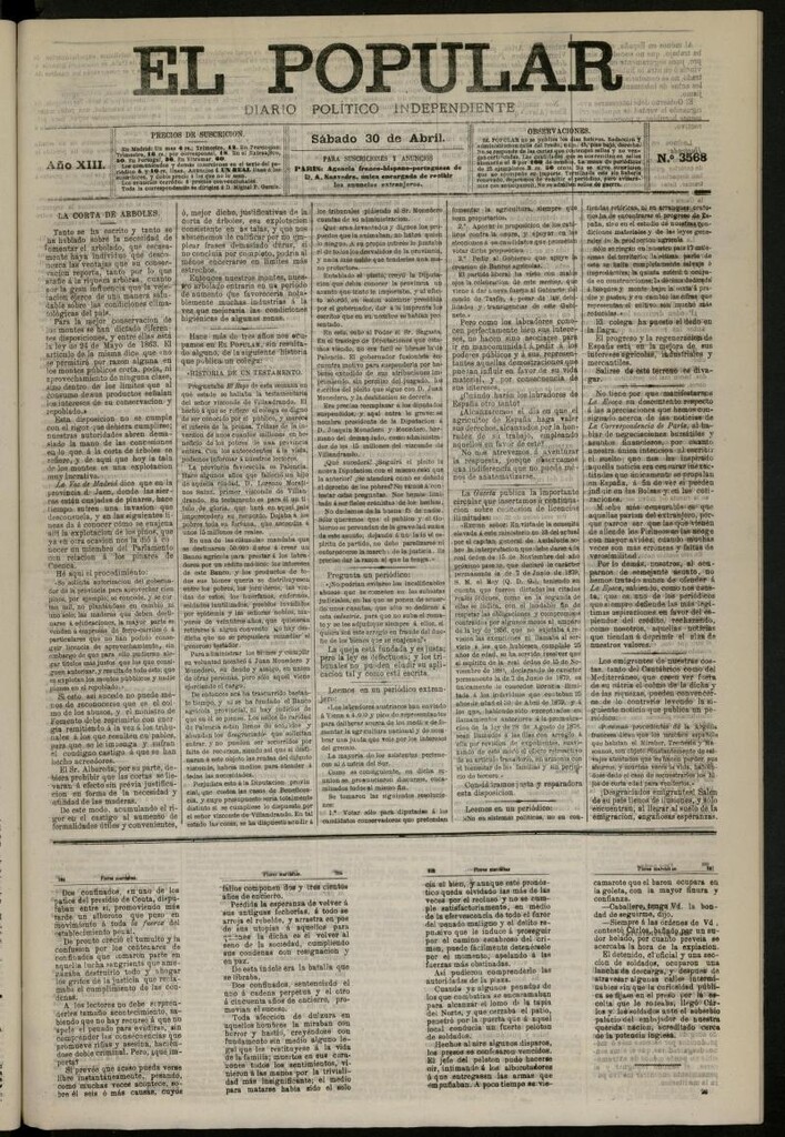 Miniatura de El Popular: diario independiente, político, literario y de noticias de interés general del 30 de abril de 1881, nº 3568