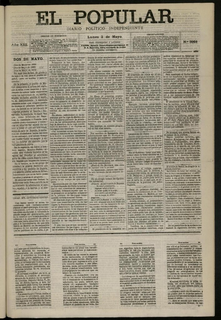 Miniatura de El Popular: diario independiente, político, literario y de noticias de interés general del 2 de mayo de 1881, nº 3569