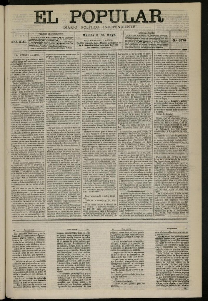 Miniatura de El Popular: diario independiente, político, literario y de noticias de interés general del 3 de mayo de 1881, nº 3570