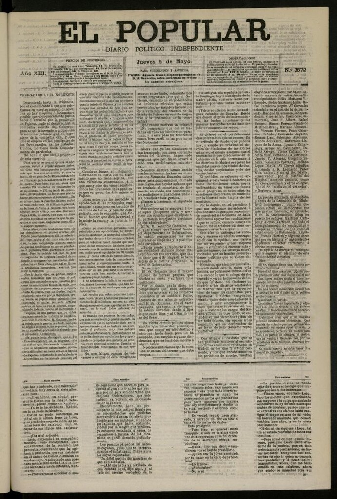 Miniatura de El Popular: diario independiente, político, literario y de noticias de interés general del 5 de mayo de 1881, nº 3572