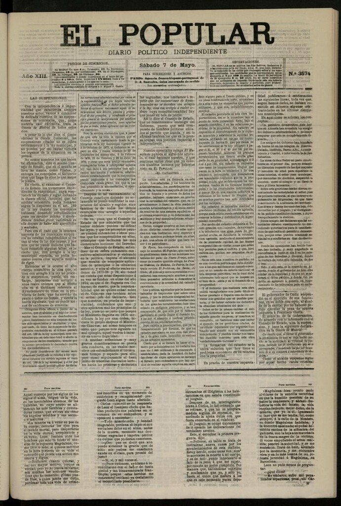 Miniatura de El Popular: diario independiente, político, literario y de noticias de interés general del 7 de mayo de 1881, nº 3574