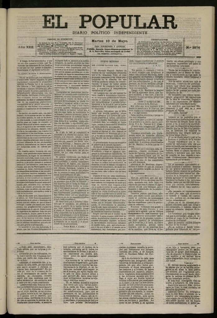 Miniatura de El Popular: diario independiente, político, literario y de noticias de interés general del 10 de mayo de 1881, nº 3576
