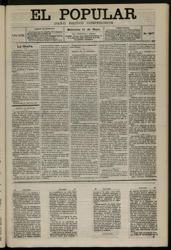 Miniatura de El Popular: diario independiente, político, literario y de noticias de interés general del 11 de mayo de 1881, nº 3577