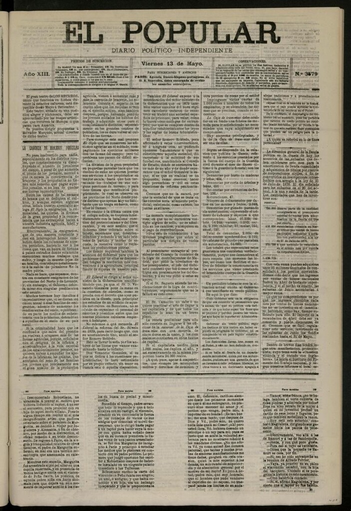 Miniatura de El Popular: diario independiente, político, literario y de noticias de interés general del 13 de mayo de 1881, nº 3579