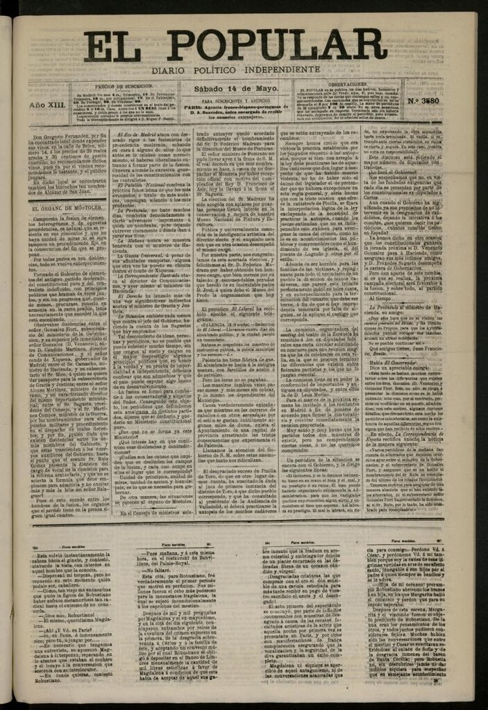 Miniatura de El Popular: diario independiente, político, literario y de noticias de interés general del 14 de mayo de 1881, nº 3580