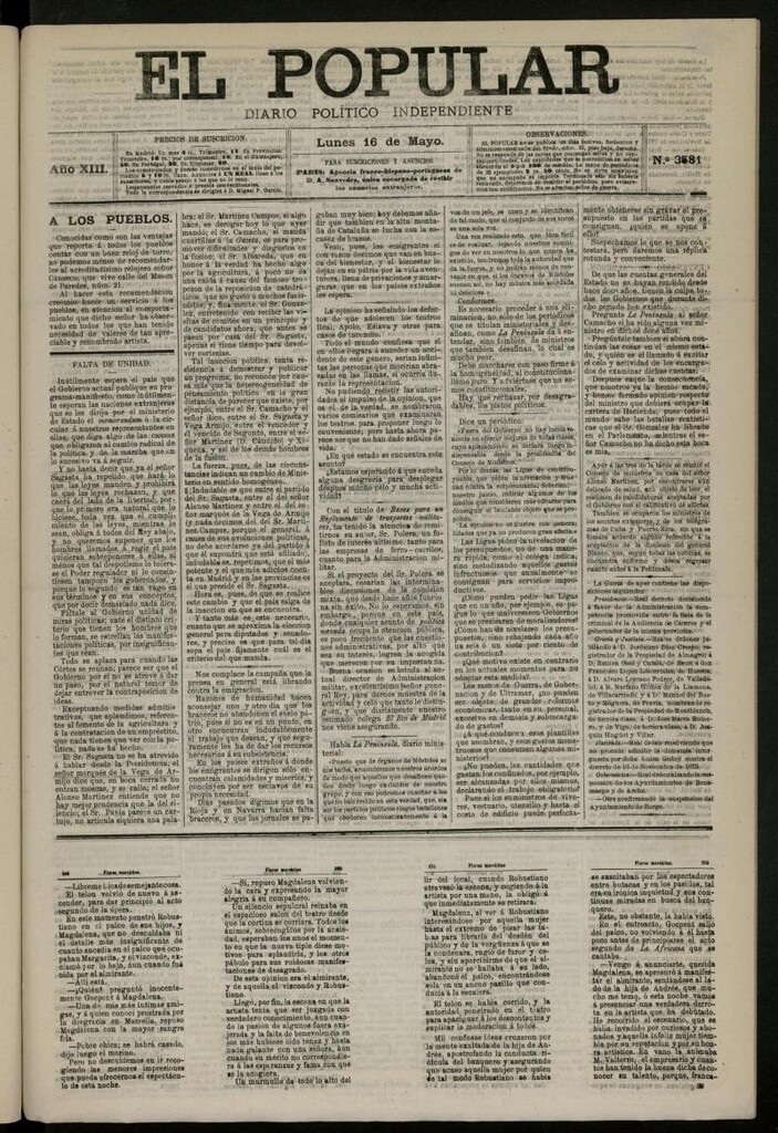 Miniatura de El Popular: diario independiente, político, literario y de noticias de interés general del 16 de mayo de 1881, nº 3581