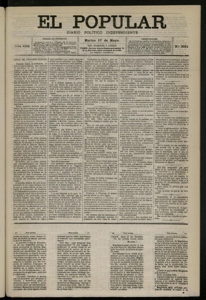 Miniatura de El Popular: diario independiente, político, literario y de noticias de interés general del 17 de mayo de 1881, nº 3582