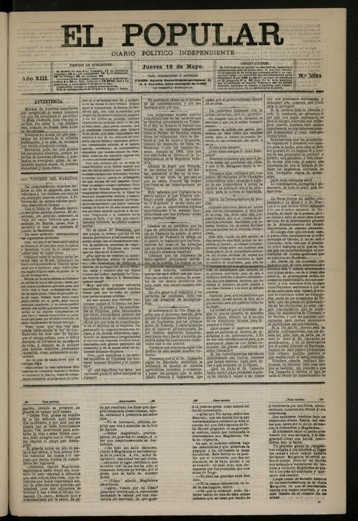 Miniatura de El Popular: diario independiente, político, literario y de noticias de interés general del 19 de mayo de 1881, nº 3584