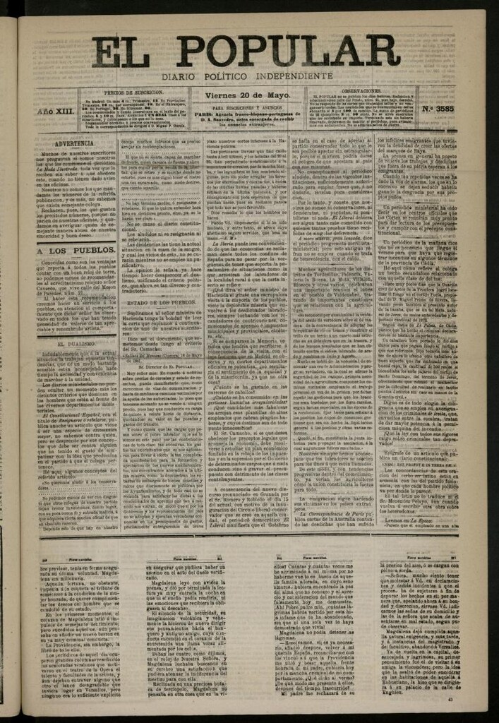 Miniatura de El Popular: diario independiente, político, literario y de noticias de interés general del 20 de mayo de 1881, nº 3585