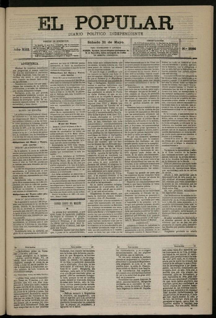 Miniatura de El Popular: diario independiente, político, literario y de noticias de interés general del 21 de mayo de 1881, nº 3586