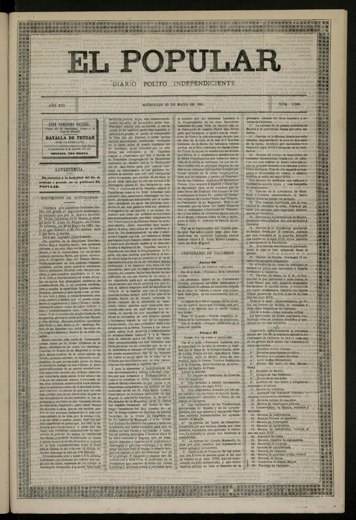 Miniatura de El Popular: diario independiente, político, literario y de noticias de interés general del 25 de mayo de 1881, nº 3589