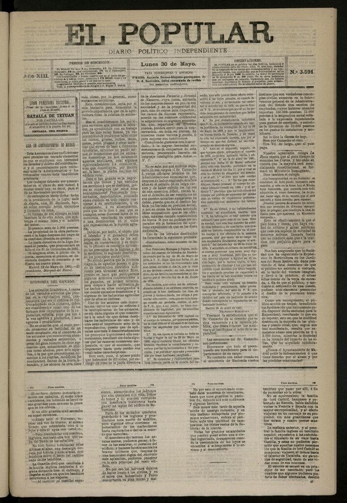 Miniatura de El Popular: diario independiente, político, literario y de noticias de interés general del 30 de mayo de 1881, nº 3591