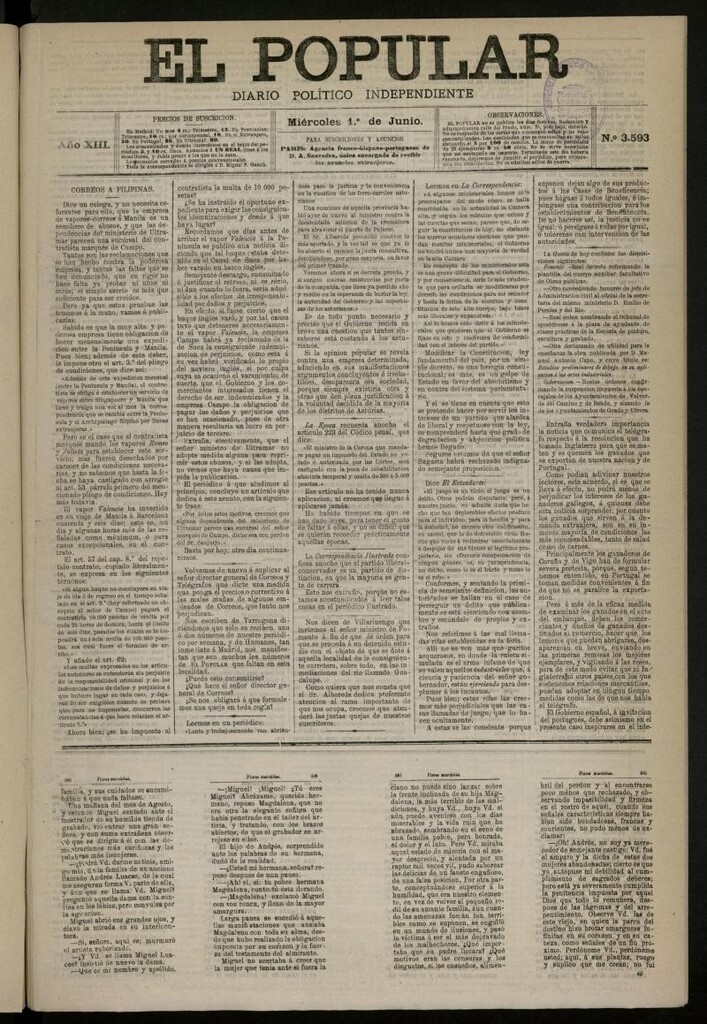 Miniatura de El Popular: diario independiente, político, literario y de noticias de interés general del 1 de junio de 1881, nº 3593