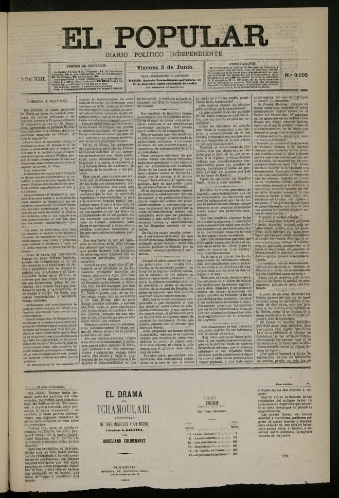 Miniatura de El Popular: diario independiente, político, literario y de noticias de interés general del 3 de junio de 1881, nº 3595