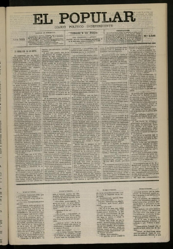 Miniatura de El Popular: diario independiente, político, literario y de noticias de interés general del 4 de junio de 1881, nº 3596