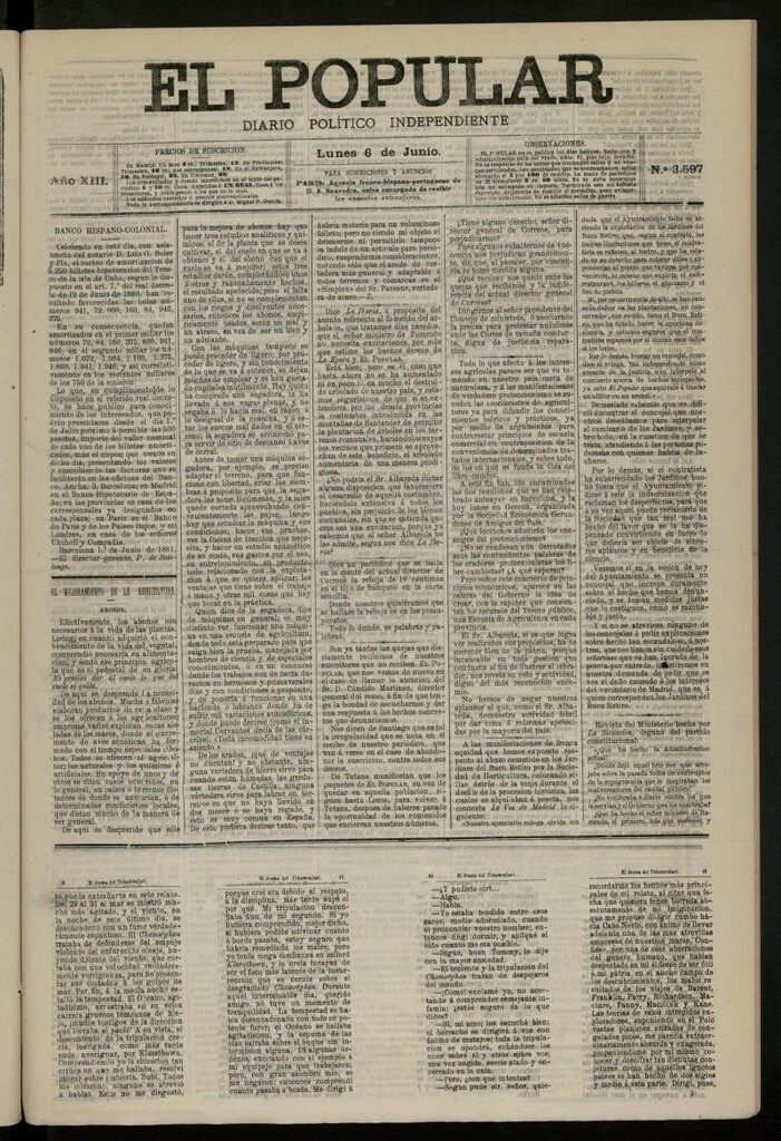 Miniatura de El Popular: diario independiente, político, literario y de noticias de interés general del 6 de junio de 1881, nº 3597