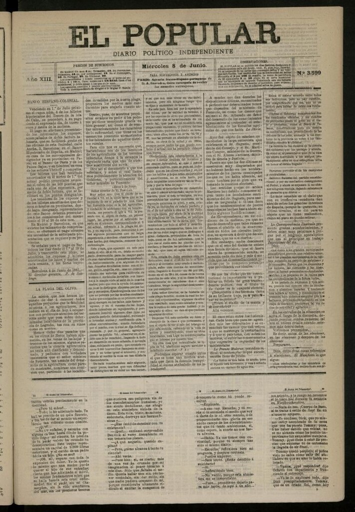 Miniatura de El Popular: diario independiente, político, literario y de noticias de interés general del 8 de junio de 1881, nº 3599