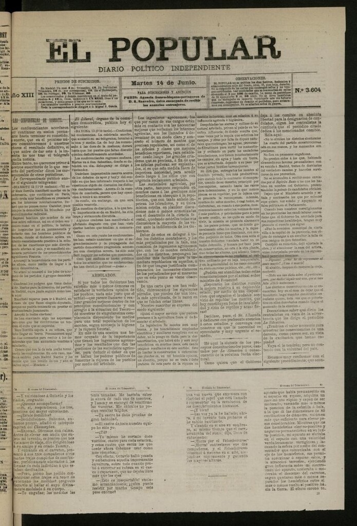 Miniatura de El Popular: diario independiente, político, literario y de noticias de interés general del 14 de junio de 1881, nº 3604