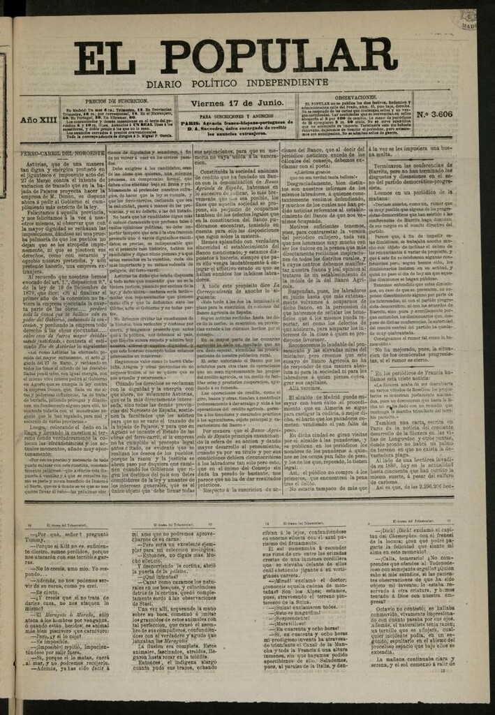 Miniatura de El Popular: diario independiente, político, literario y de noticias de interés general del 17 de junio de 1881, nº 3606