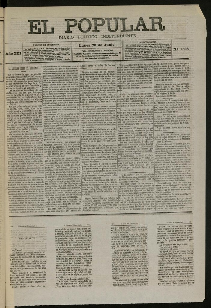 Miniatura de El Popular: diario independiente, político, literario y de noticias de interés general del 20 de junio de 1881, nº 3608