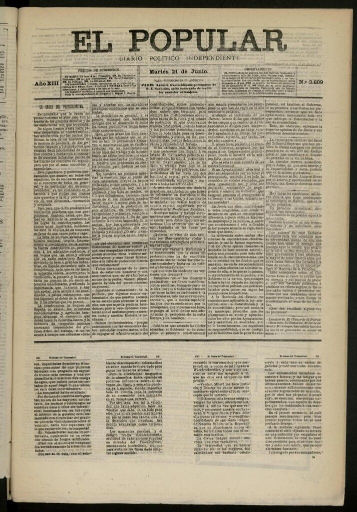 Miniatura de El Popular: diario independiente, político, literario y de noticias de interés general del 21 de junio de 1881, nº 3609