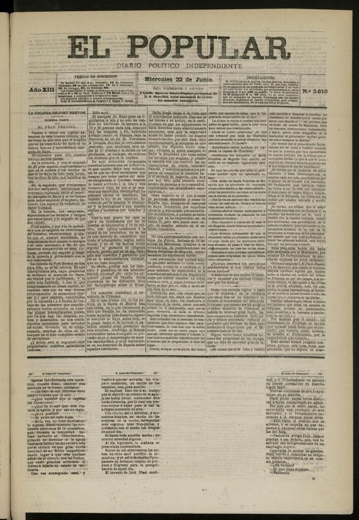 Miniatura de El Popular: diario independiente, político, literario y de noticias de interés general del 22 de junio de 1881, nº 3610