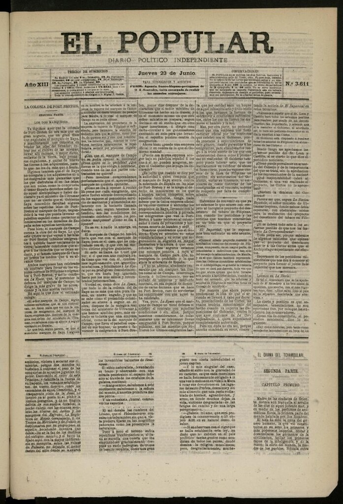 Miniatura de El Popular: diario independiente, político, literario y de noticias de interés general del 23 de junio de 1881, nº 3611