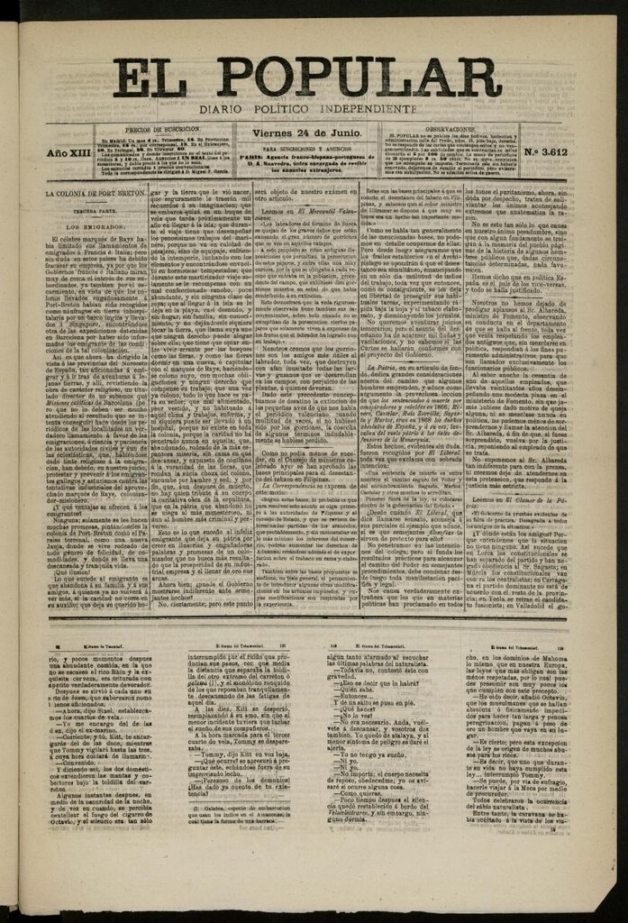 Miniatura de El Popular: diario independiente, político, literario y de noticias de interés general del 24 de junio de 1881, nº 3612