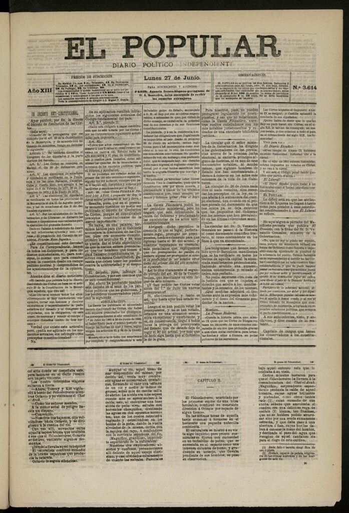 Miniatura de El Popular: diario independiente, político, literario y de noticias de interés general del 27 de junio de 1881, nº 3614