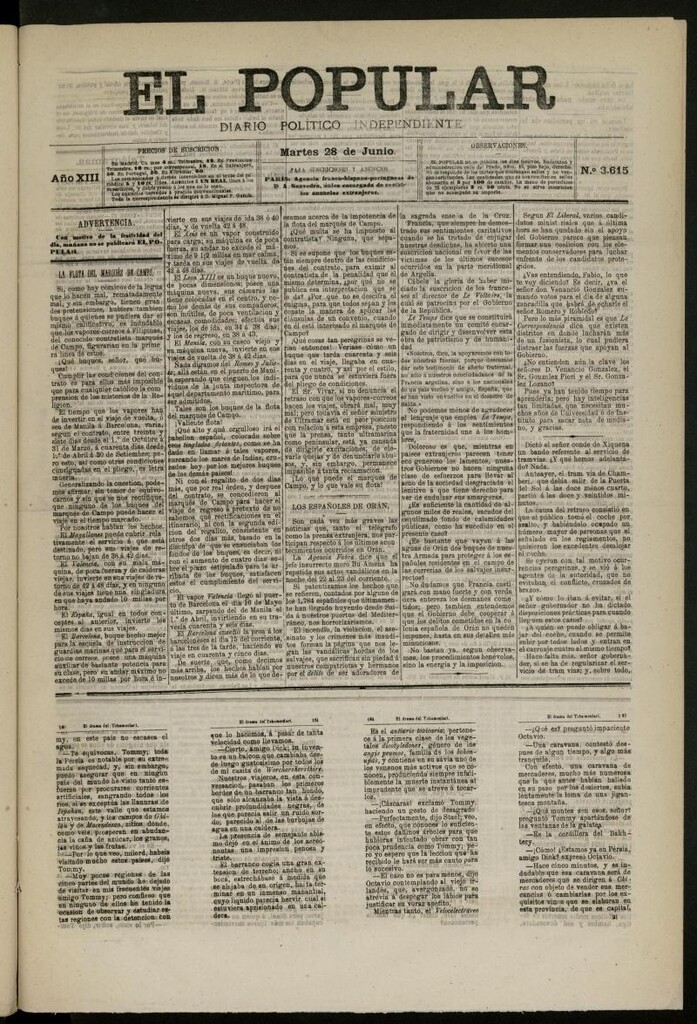 Miniatura de El Popular: diario independiente, político, literario y de noticias de interés general del 28 de junio de 1881, nº 3615