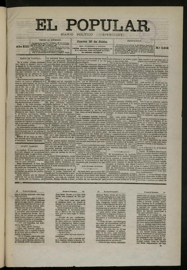 Miniatura de El Popular: diario independiente, político, literario y de noticias de interés general del 30 de junio de 1881, nº 3616