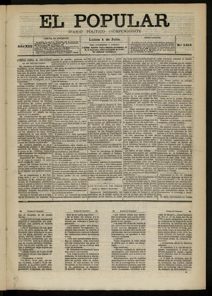 Miniatura de El Popular: diario independiente, político, literario y de noticias de interés general del 4 de julio de 1881, nº 3619