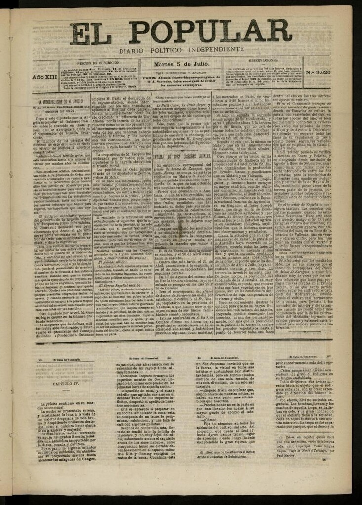 Miniatura de El Popular: diario independiente, político, literario y de noticias de interés general del 5 de julio de 1881, nº 3620