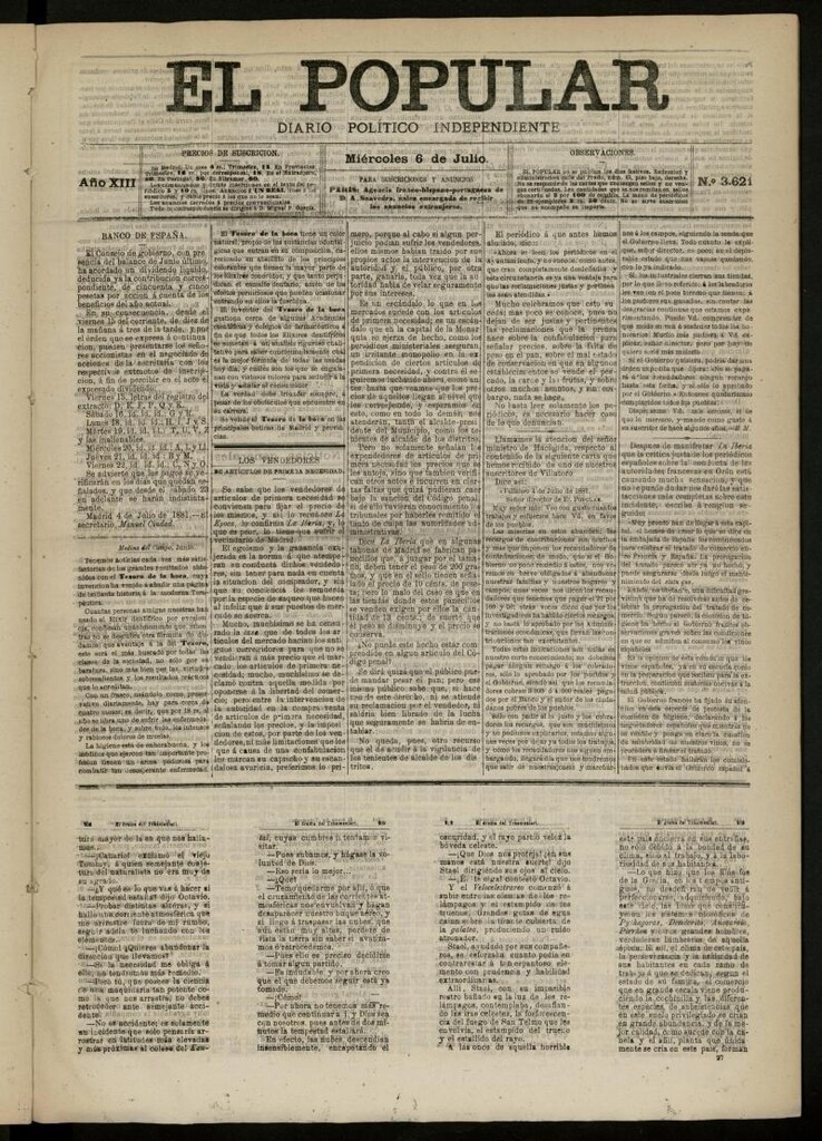 Miniatura de El Popular: diario independiente, político, literario y de noticias de interés general del 6 de julio de 1881, nº 3621