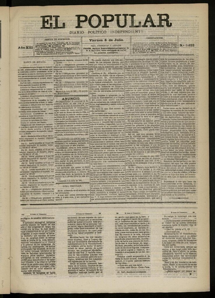 Miniatura de El Popular: diario independiente, político, literario y de noticias de interés general del 8 de julio de 1881, nº 3623